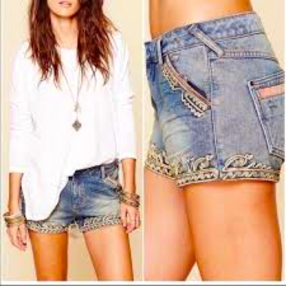 Free People Majestic Gold Embellished Denim Shorts